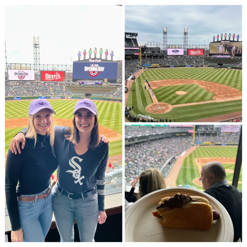 A collage shows two women in baseball attire at a stadium, wide shots of the baseball field, and a close-up of a hot dog on a plate.