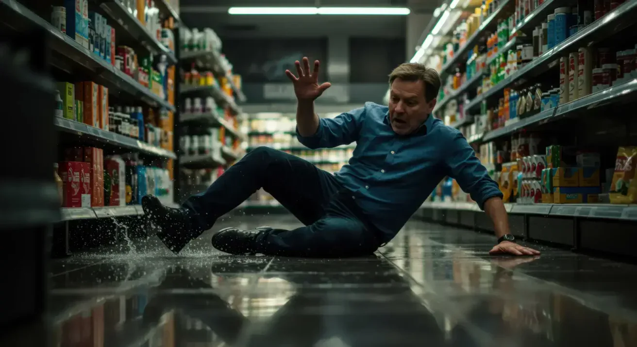 A man slips and falls on a wet supermarket aisle floor, with spilled liquid visible near his feet and shelves lined with products on both sides.