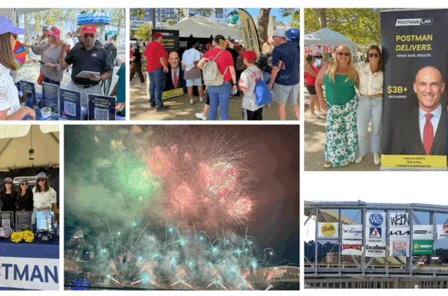 Collage of images showing a public outdoor event with vendor booths, people interacting, promotional banners, and a fireworks display at night.
